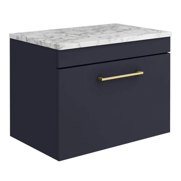 Arezzo Wall Hung Countertop Vanity Unit   Matt Blue   600mm w. Matt White Marble Worktop & Brass Handle