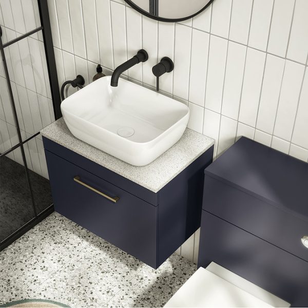 Arezzo Wall Hung Countertop Vanity Unit   Matt Blue   600mm with White Worktop & Brushed Brass Handle - Image 5