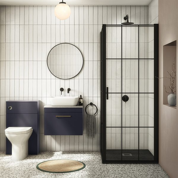 Arezzo Wall Hung Countertop Vanity Unit   Matt Blue   600mm with White Worktop & Brushed Brass Handle - Image 6