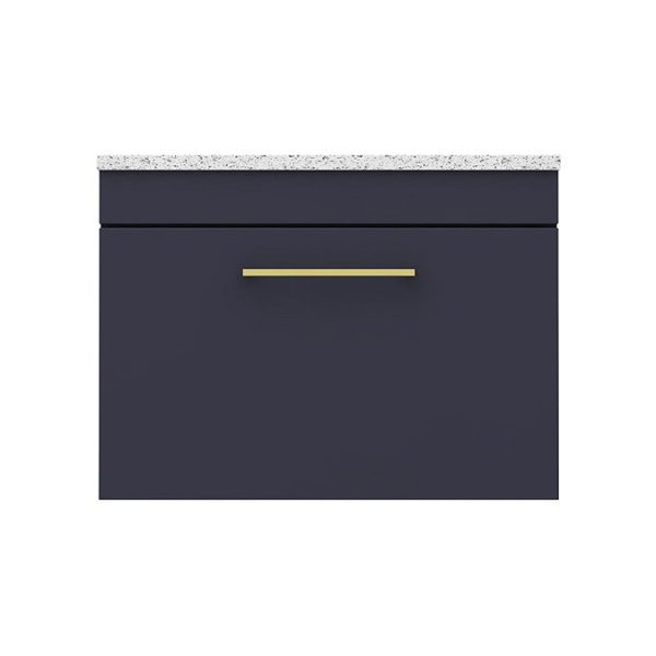 Arezzo Wall Hung Countertop Vanity Unit   Matt Blue   600mm with White Worktop & Brushed Brass Handle - Image 2