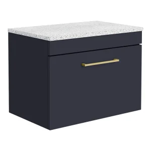 Arezzo Wall Hung Countertop Vanity Unit   Matt Blue   600mm with White Worktop & Brushed Brass Handle