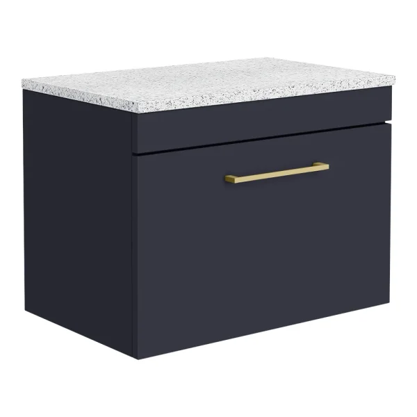 Arezzo Wall Hung Countertop Vanity Unit   Matt Blue   600mm with White Worktop & Brushed Brass Handle
