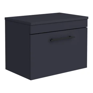 Arezzo Wall Hung Countertop Vanity Unit   Matt Blue   600mm with Industrial Style Black Handle