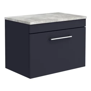 Arezzo Wall Hung Countertop Vanity Unit   Matt Blue   600mm with Grey Worktop & Chrome Handle
