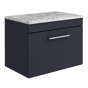 Arezzo Wall Hung Countertop Vanity Unit   Matt Blue   600mm w. Matt White Marble Worktop & Chrome Handle