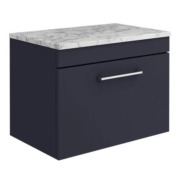 Arezzo Wall Hung Countertop Vanity Unit   Matt Blue   600mm w. Matt White Marble Worktop & Chrome Handle