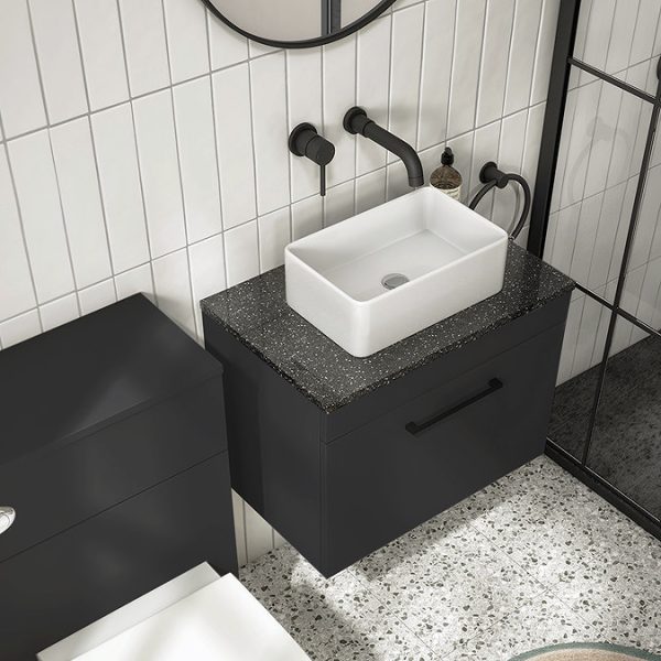 Arezzo Wall Hung Countertop Vanity Unit   Matt Black   600mm with Black Worktop & Matt Black Handle - Image 6