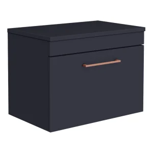 Arezzo Wall Hung Countertop Vanity Unit   Matt Blue   600mm with Rose Gold Handle