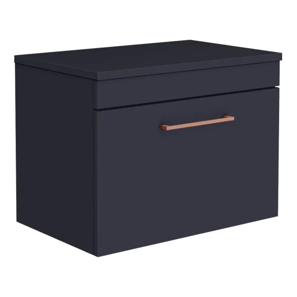 Arezzo Wall Hung Countertop Vanity Unit   Matt Blue   600mm with Rose Gold Handle