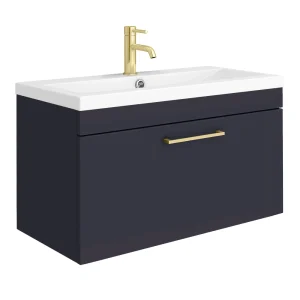 Arezzo Wall Hung Vanity Unit   Matt Blue   800mm with Brushed Brass Handle
