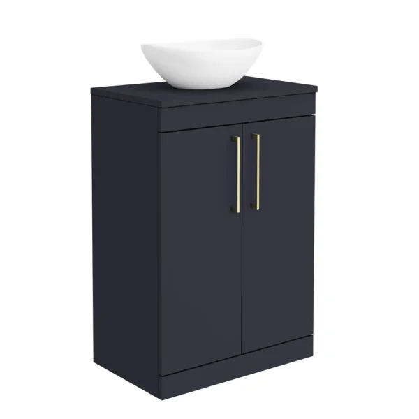 Arezzo Countertop Basin Unit   Blue with Brushed Brass Handles   600mm inc. Basin