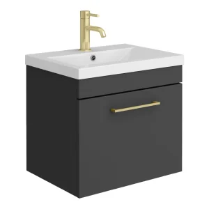 Arezzo 500 Matt Black Wall Hung 1 Drawer Vanity Unit with Brushed Brass Handle