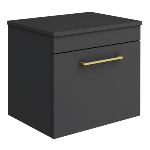 Arezzo Wall Hung Countertop Vanity Unit   Matt Black   500mm with Brushed Brass Handle