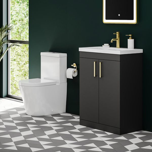Arezzo 600 Matt Black Floor Standing Vanity Unit with Brushed Brass Handles - Image 4