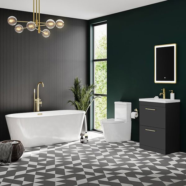Arezzo 600 Matt Black Floor Standing 2 Drawer Vanity Unit with Brushed Brass Handles - Image 4