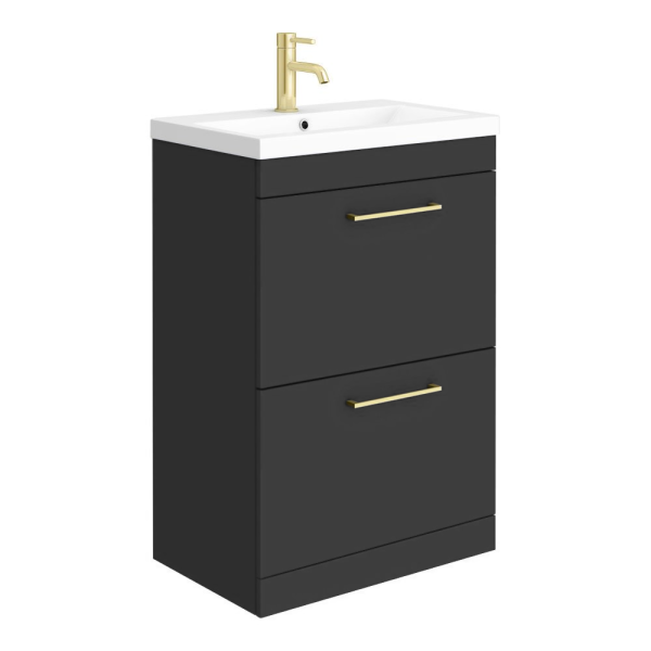 Arezzo 600 Matt Black Floor Standing 2 Drawer Vanity Unit with Brushed Brass Handles