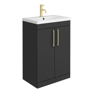 Arezzo 600 Matt Black Floor Standing Vanity Unit with Brushed Brass Handles
