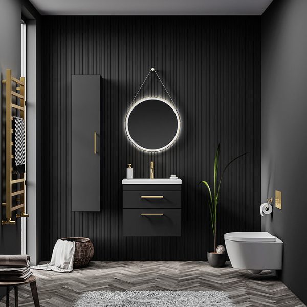 Arezzo 600 Matt Black Wall Hung 2 Drawers Vanity Unit with Brushed Brass Handles - Image 2