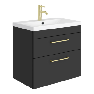 Arezzo 600 Matt Black Wall Hung 2 Drawers Vanity Unit with Brushed Brass Handles