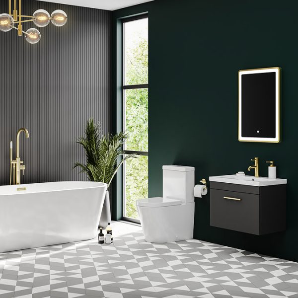 Arezzo 600 Matt Black Wall Hung 1 Drawer Vanity Unit with Brushed Brass Handle - Image 3