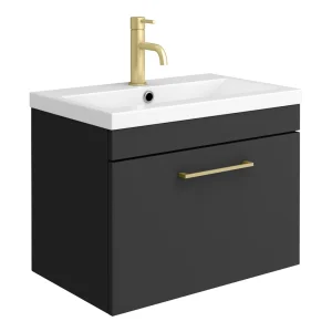 Arezzo 600 Matt Black Wall Hung 1 Drawer Vanity Unit with Brushed Brass Handle