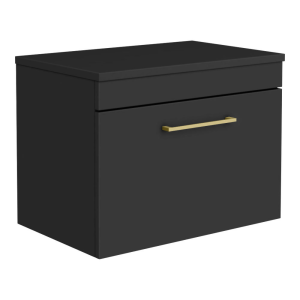 Arezzo Wall Hung Countertop Vanity Unit   Matt Black   600mm with Brushed Brass Handle