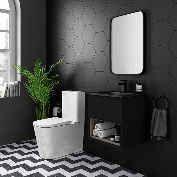 Arezzo Senza 500mm Matt Black / Vicenza Oak Wall Hung Vanity Unit with Open Shelf + Matt Black Slimline Basin - Image 4