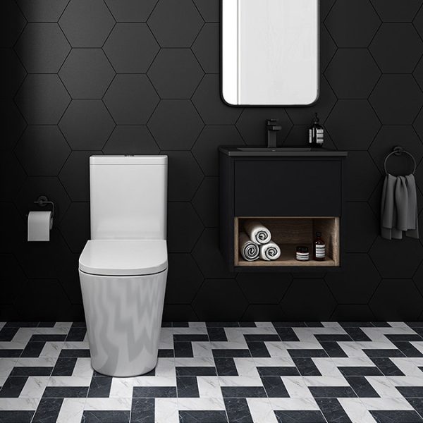 Arezzo Senza 500mm Matt Black / Vicenza Oak Wall Hung Vanity Unit with Open Shelf + Matt Black Slimline Basin - Image 5