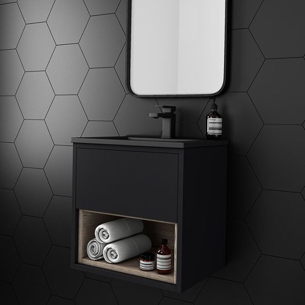 Arezzo Senza 500mm Matt Black / Vicenza Oak Wall Hung Vanity Unit with Open Shelf + Matt Black Slimline Basin - Image 2