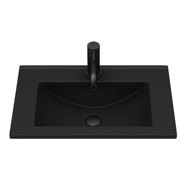 Arezzo Senza 600mm Rustic Oak / Matt Black Wall Hung Vanity Unit with Open Shelf + Matt Black Slimline Basin - Image 3