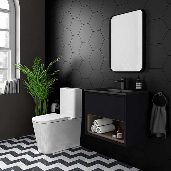 Arezzo Senza 600mm Matt Black / Vicenza Oak Wall Hung Vanity Unit with Open Shelf + Matt Black Slimline Basin - Image 4