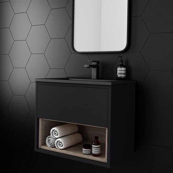 Arezzo Senza 600mm Matt Black / Vicenza Oak Wall Hung Vanity Unit with Open Shelf + Matt Black Slimline Basin - Image 2