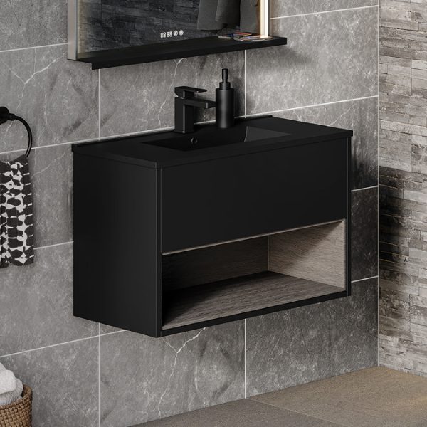 Arezzo Senza 800mm Matt Black / Vicenza Oak Wall Hung Vanity Unit with Open Shelf + Matt Black Slimline Basin - Image 4