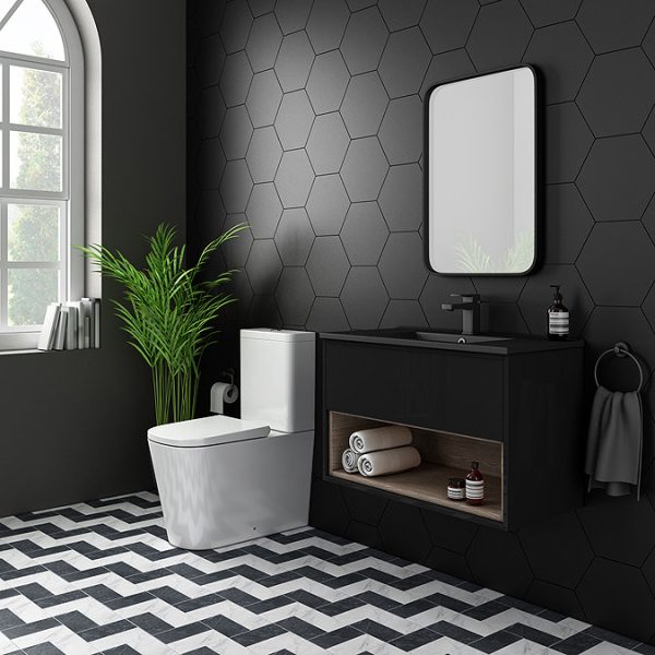 Arezzo Senza 800mm Matt Black / Vicenza Oak Wall Hung Vanity Unit with Open Shelf + Matt Black Slimline Basin - Image 6