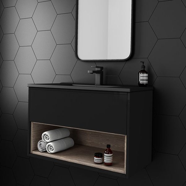 Arezzo Senza 800mm Matt Black / Vicenza Oak Wall Hung Vanity Unit with Open Shelf + Matt Black Slimline Basin - Image 7