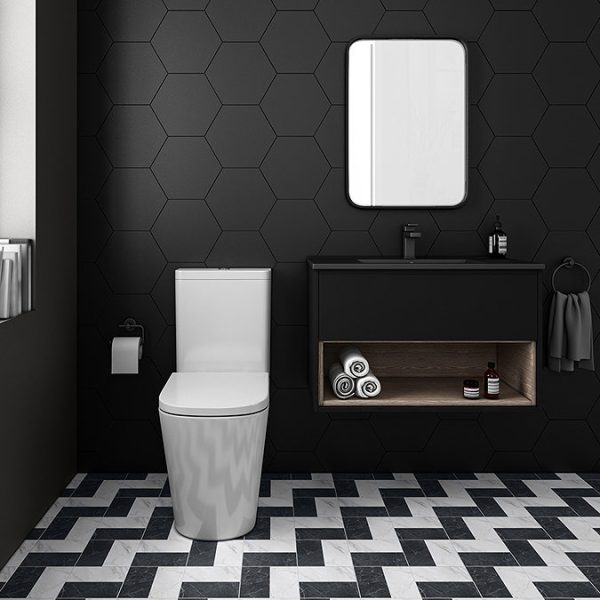 Arezzo Senza 800mm Matt Black / Vicenza Oak Wall Hung Vanity Unit with Open Shelf + Matt Black Slimline Basin - Image 8