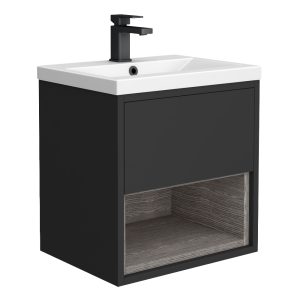 Arezzo Senza 500mm Matt Black / Vicenza Oak Wall Hung Vanity Unit with Open Shelf + Ceramic Basin