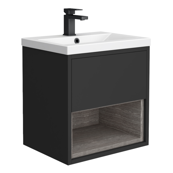 Arezzo Senza 500mm Matt Black / Vicenza Oak Wall Hung Vanity Unit with Open Shelf + Ceramic Basin