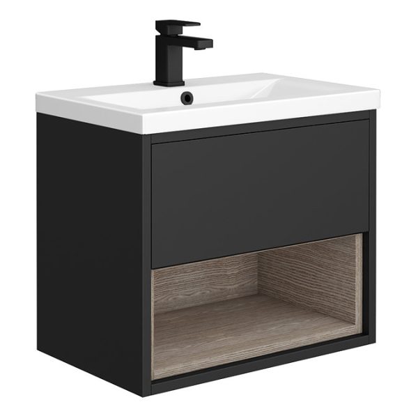 Arezzo Senza 600mm Matt Black / Vicenza Oak Wall Hung Vanity Unit with Open Shelf + Ceramic Basin - Image 4