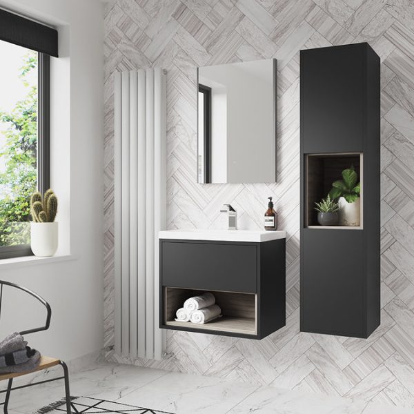 Arezzo Senza 600mm Matt Black / Vicenza Oak Wall Hung Vanity Unit with Open Shelf + Ceramic Basin - Image 3