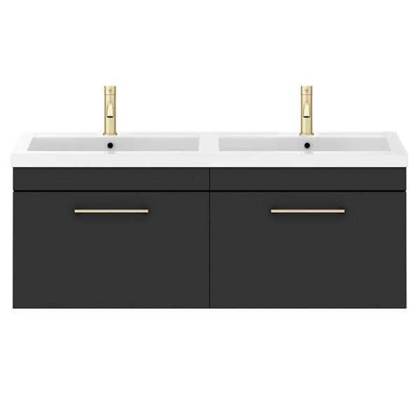 Arezzo Matt Black Wall Hung Double Basin Vanity Unit (1205mm w. Brushed Brass Handles) - Image 4