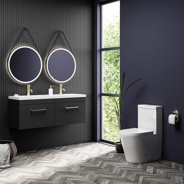 Arezzo Matt Black Wall Hung Double Basin Vanity Unit (1205mm w. Brushed Brass Handles) - Image 2