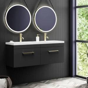 Arezzo Matt Black Wall Hung Double Basin Vanity Unit (1205mm w. Brushed Brass Handles)