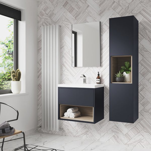 Arezzo Senza 500mm Matt Blue / Vicenza Oak Wall Hung Vanity Unit with Open Shelf + Ceramic Basin - Image 2