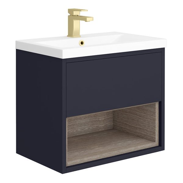 Arezzo Senza 600mm Matt Blue / Vicenza Oak Wall Hung Vanity Unit with Open Shelf + Ceramic Basin - Image 4
