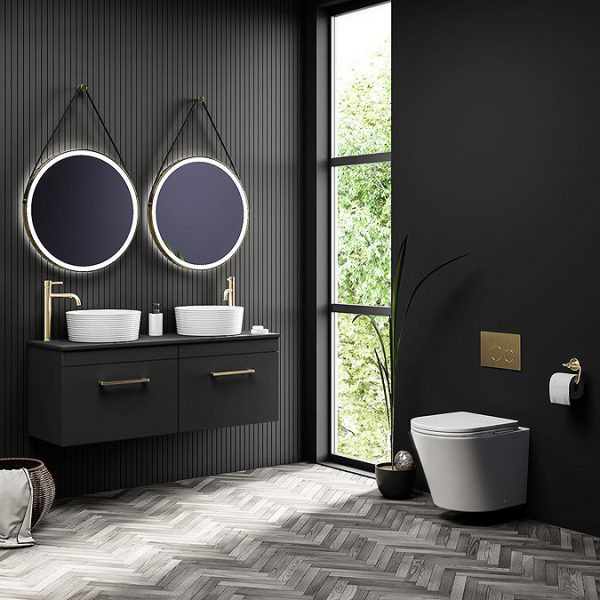 Arezzo Matt Black Wall Hung Double Countertop Vanity Unit (1200mm w. Brushed Brass Handles) - Image 2