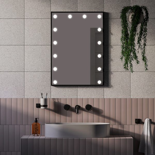 Arezzo Bulb Matt Black 500 x 700mm LED Illuminated Mirror with Motion Sensor + Anti Fog - Image 2