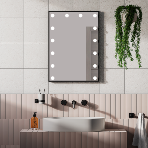 Arezzo Bulb Matt Black 500 x 700mm LED Illuminated Mirror with Motion Sensor + Anti Fog