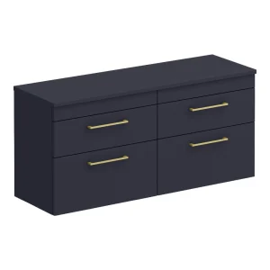 Arezzo Matt Blue Wall Hung 4 Drawer Double Countertop Vanity Unit (1200mm w. Brushed Brass Handles)