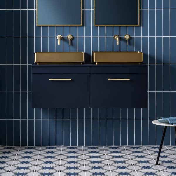 Arezzo Matt Blue Wall Hung Double Countertop Vanity Unit (1200mm w. Brushed Brass Handles) - Image 3